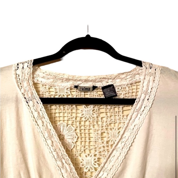 Floral Crocheted Creamy White Mini Dress Bell Sleeves. Coastal Gramma - Picture 6 of 11